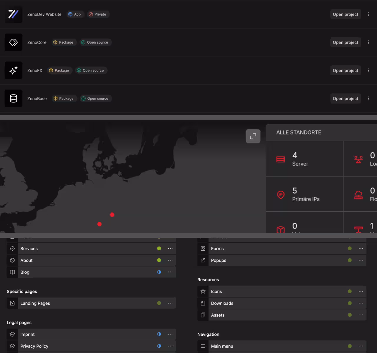 Dark-themed developer dashboard showing project list, server location map with red markers, and a CMS page manager interface.
