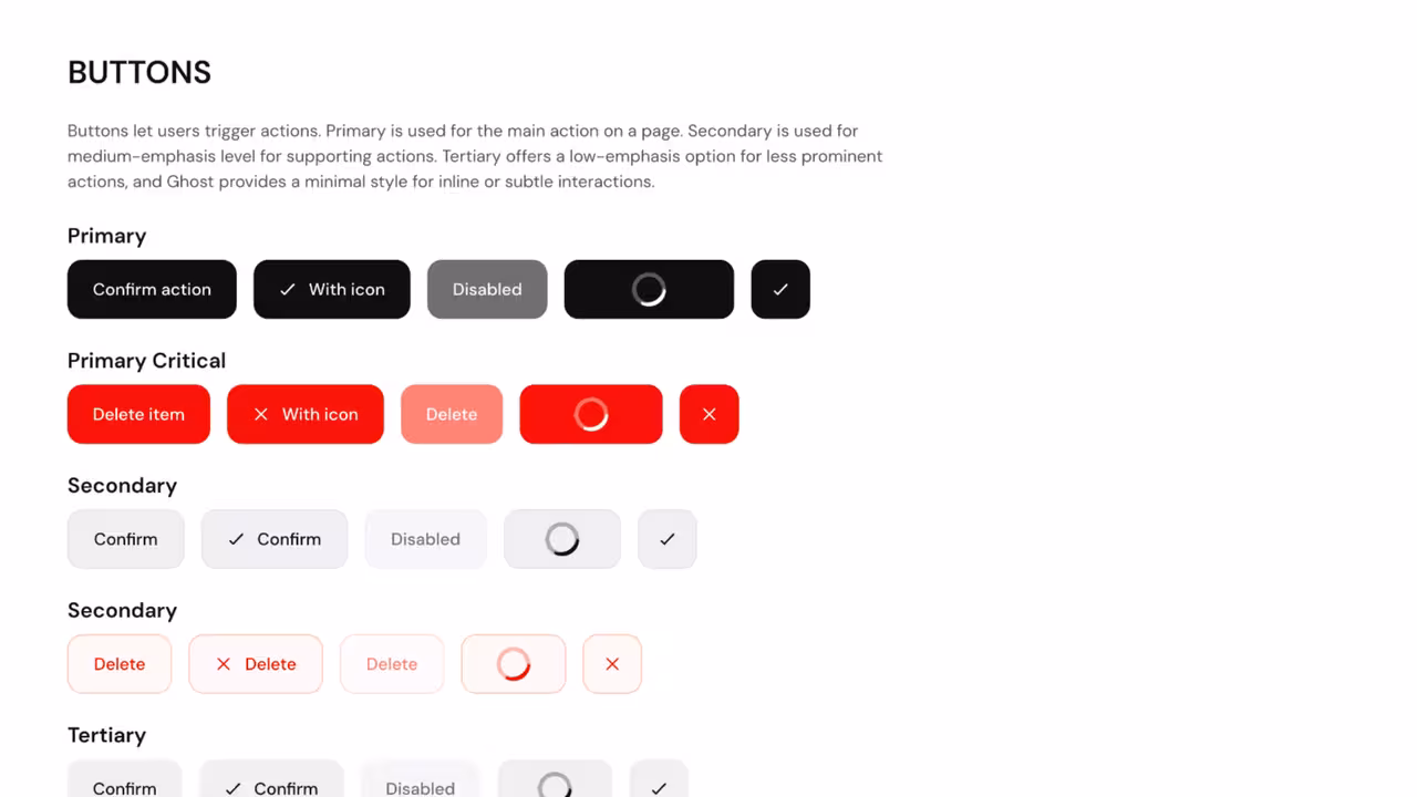 UI button design guide showing Primary (black), Primary Critical (red), Secondary, and Tertiary styles with states: default, icon, disabled, loading.